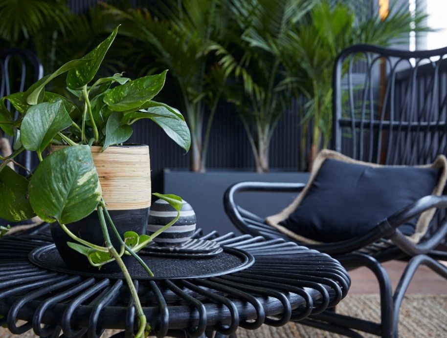 Black rattan coffee table styled by Deb Saunders The Block
