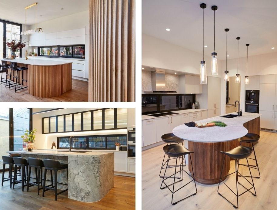 Curved kitchen island bench on The Block