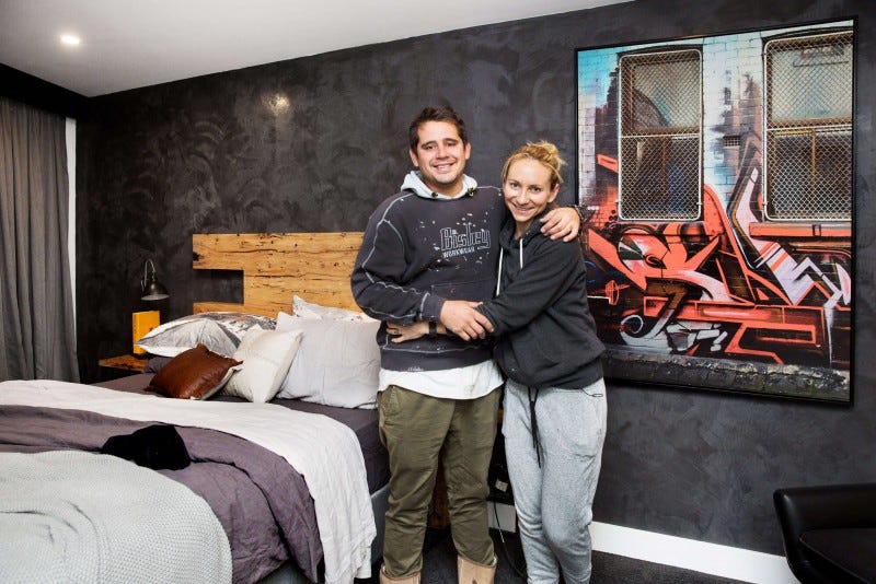  Caro & Kingi’s winning second Guest Bedroom in Blocktagon 2015 featuring 'Graffiti Laneway' custom canvas. 