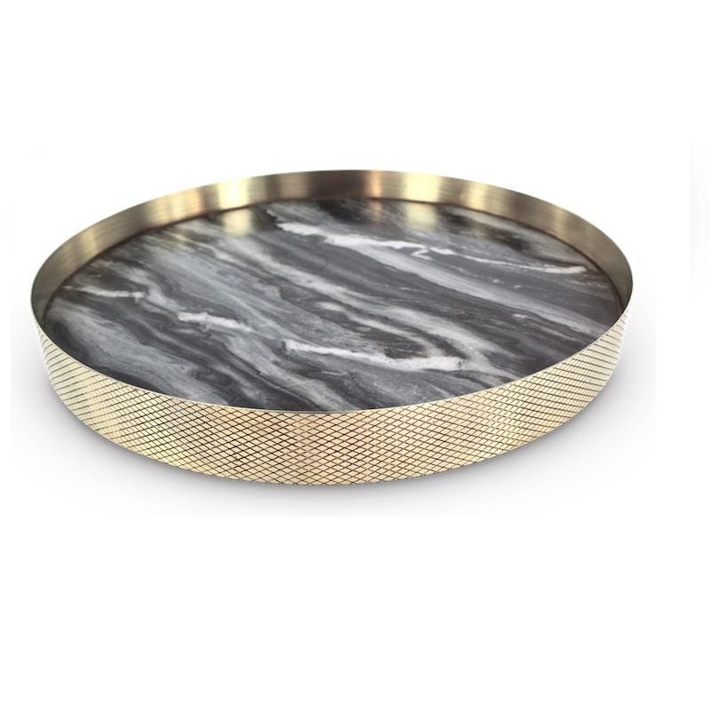 The Orbit Tray in Smokey Marble and Diamond Pattern Brass 