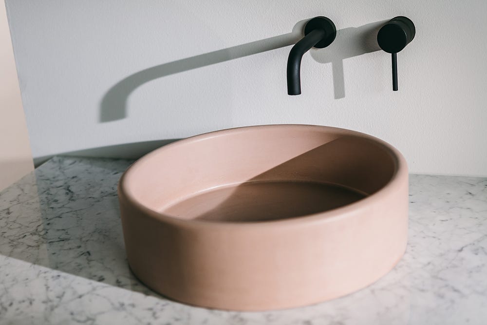 Nood Co's blush sink as seen in Ronnie & Georgia's ensuite