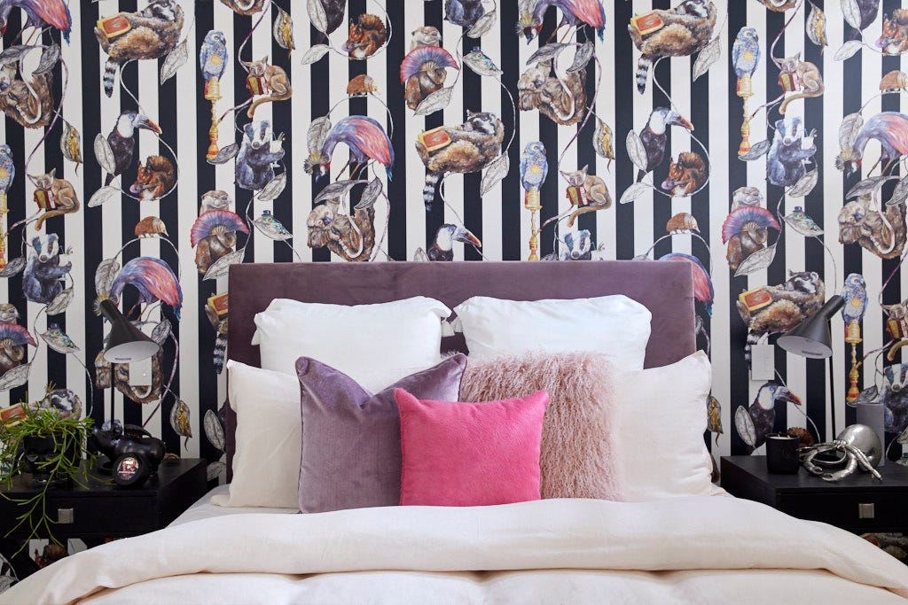  Courtney and Hans Guest Bedroom. Hackney Empire Stripe Wallpaper 