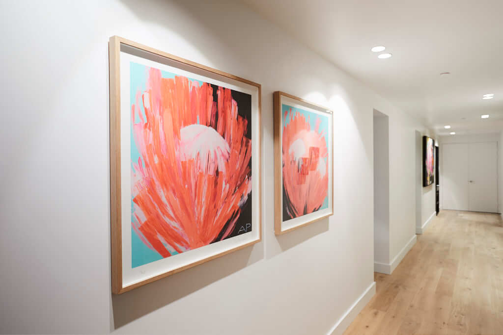  'Protea Cushing #1' paired with 'Protea Crushing #2' by Amanda Parson's looking spectacular in Kerrie and Spence's hallway gallery.... 