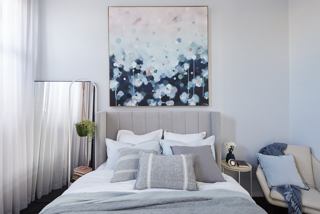  The judges loved everything about Jess and Norm's pared back “Scandi Luxe” guest bedroom and so did you! 'Nebula Haze #12' by Jessie Rigby limited edition framed canvas print. 