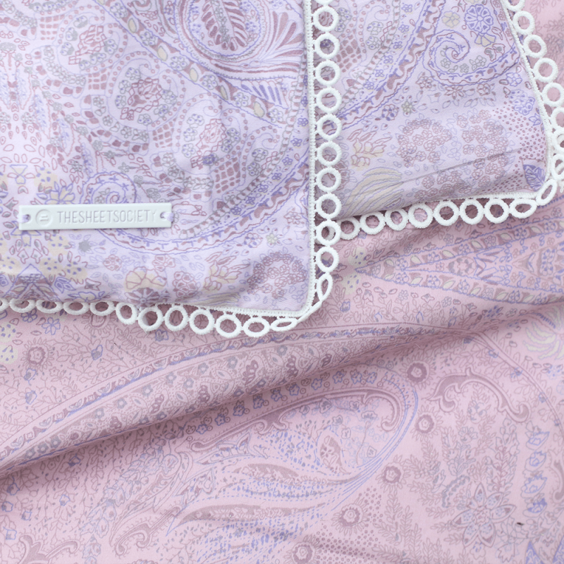The Tilly quilt cover set has a soft subtle Lilac paisley feature & a slight ombre effect between Blush and Lilac, available now through The Block Shop