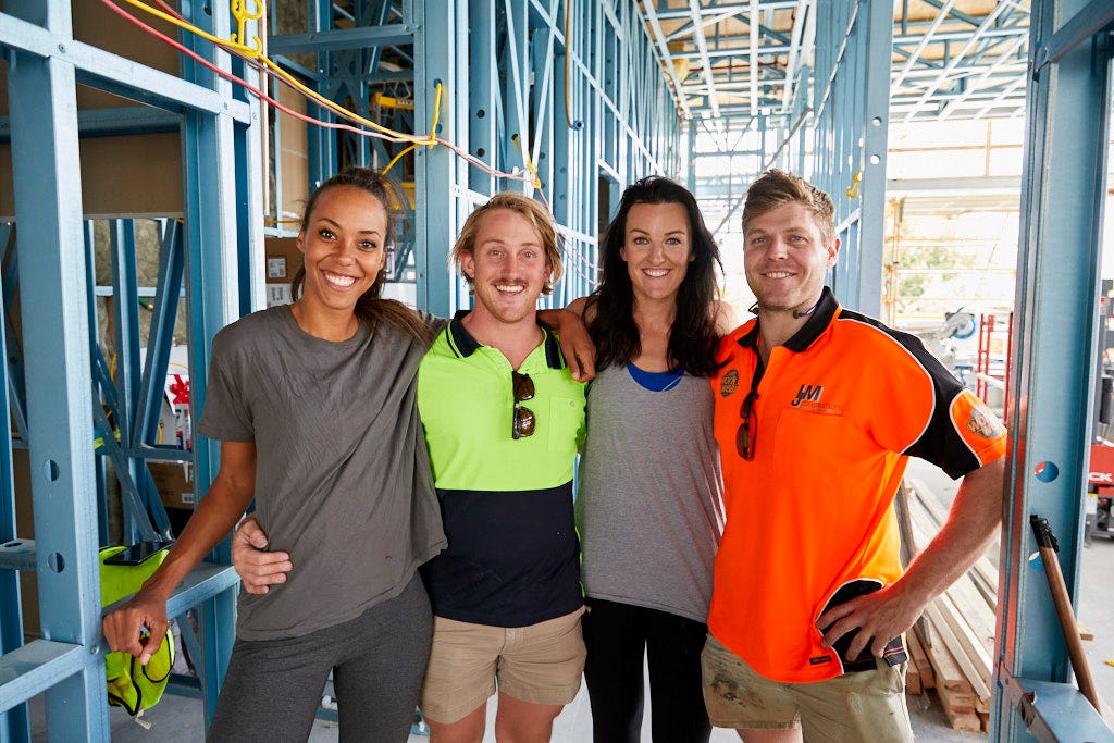 Bianca and Carla with their tradies on The Block