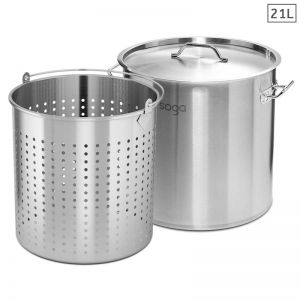 21L Stainless Steel Stockpot with Perforated Basket Pasta Strainer