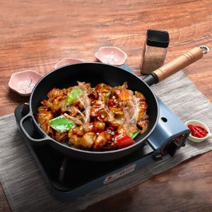 25cm Round Cast Iron Frying Pan Skillet Steak Sizzle Platter with Helper Handle