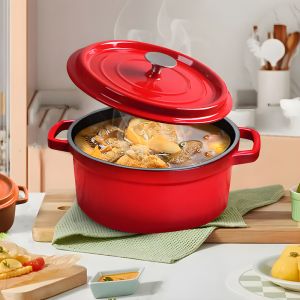 26cm Cast Iron Enamel Porcelain Cooking Pot with Lid | 5L | Red