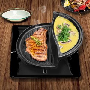 2X 2 in 1 Cast Iron Ribbed Fry Pan Skillet Griddle BBQ and Steamboat Hot Pot