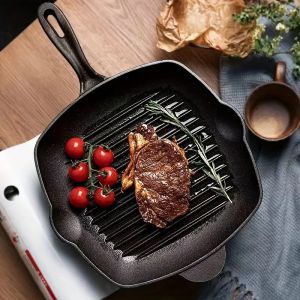 2X 26cm Square Ribbed Cast Iron Frying Pan Skillet Steak Sizzle Platter with Handle
