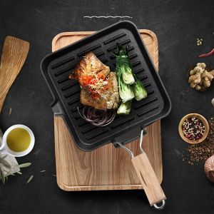 2X 28cm Ribbed Cast Iron Square Steak Frying Grill Skillet Pan with Folding Wooden Handle