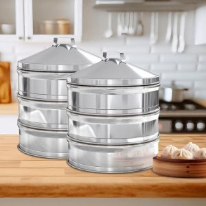 2X 3 Tier Stainless Steel Steamers With Lid Work inside of Basket Pot Steamers 28cm