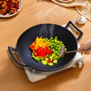 2X 32cm Commercial Cast Iron Wok FryPan Fry Pan with Double Handle