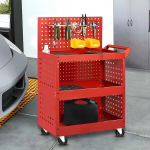 3 Tier Portable Tool Trolley with Porous Side Panels | Red