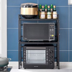 3 Tier Steel Black Retractable Kitchen Microwave Oven Stand Multi-Functional Shelves Storage Organiz