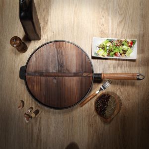 31cm Commercial Cast Iron Wok FryPan Fry Pan with Wooden Lid