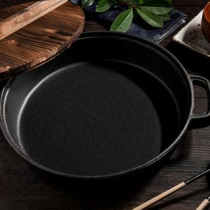 35cm Round Cast Iron Pre-seasoned Deep Baking Pizza Frying Pan Skillet with Wooden Lid