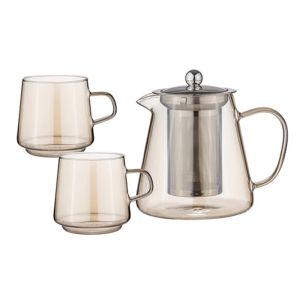 3pc Tempa Oaklyn Gold Glass Teapot/Mugs Set Home/Kitchen Hot/Cold Drinks