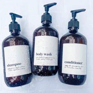 Amber Bathroom Bottle Trio w/ White Premium Printed Labels
