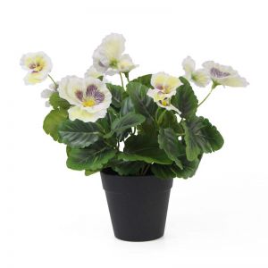 Artificial Flowering Potted Pansy | Mixed White | 25cm
