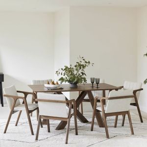 B2C Furniture | Cruz 7PCE Hardwood Dining Set | Rustic Walnut | Beige Fabric