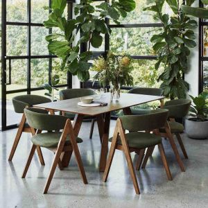 B2C Furniture | Gaudi 7PCE Hardwood Dining Set | Rustic Walnut | Green