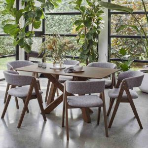 B2C Furniture | Gaudi 7PCE Hardwood Dining Set | Rustic Walnut | Grey Fabric