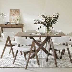 B2C Furniture | Gaudi 7PCE Hardwood Dining Set | Walnut | Beige Fabric