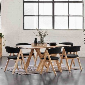 B2C Furniture | Gaudi 7PCE Natural Hardwood Dining Set | Black Fabric