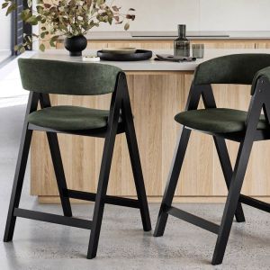 B2C Furniture | Gaudi Hardwood Counter Bar Stool | Black | Green Fabric