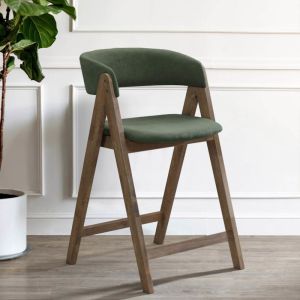 B2C Furniture | Gaudi Hardwood Counter Bar Stool | Set of 2 | Rustic Walnut | Green Fabric