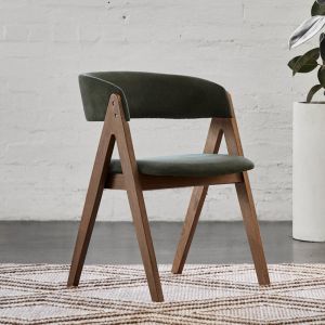 B2C Furniture | Gaudi Hardwood Dining Chair | Set of 2 | Rustic Walnut | Green Fabric