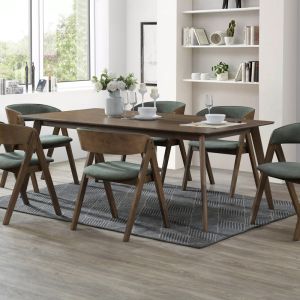 B2C Furniture | Gaudo 7PCE Hardwood Dining Set | Rustic Walnut & Green Fabric