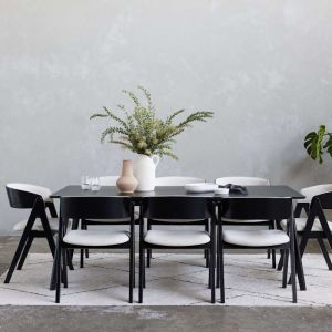 B2C Furniture | Gaudo 9PCE Hardwood Dining Set | Black | Beige Fabric