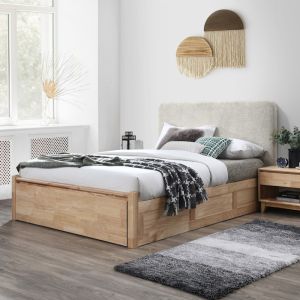 B2C Furniture | Hideaway Hardwood Queen Size Bed with Storage | Natural | Beige Fabric