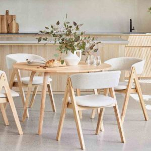B2C Furniture | Oslo 5PCE Hardwood Dining Set | Natural | Beige Fabric