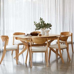 B2C Furniture | Villa 7PCE Natural Hardwood Extendable Dining Set | Beige Fabric