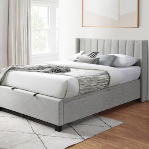 B2C Furniture | Webster Gas Lift Storage Double Bed | Light Grey Fabric