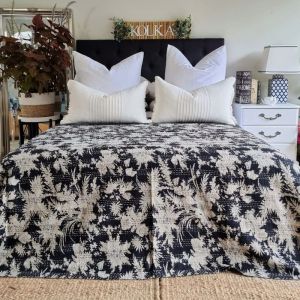 Black Rose Kantha Bedspread  | Coverlet | Bedcover | Handmade