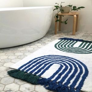 Blue and Green Arches Bath Mat with Tassels | Washable