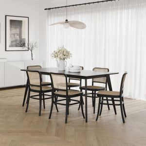 Bruno 7 Piece Black Dining Set with Prague Rattan Bentwood Chairs | by L3 Home