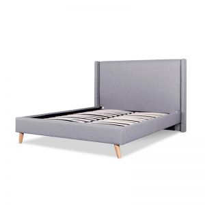 Camille Fabric Wing Queen Sized Bed Frame | Rhino Grey & Natural Legs