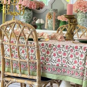 Caroline Pink and Green | Hand Block Printed square Tablecloth | 180x 180 cm