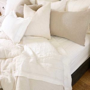 Carter Linen Fitted Sheet | Off White w' Natural Fine Stripe