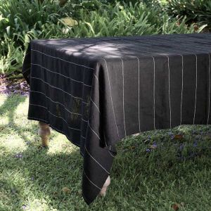 Carter Linen Tablecloth | Black with White Pinstripe