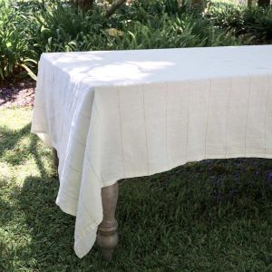 Carter Linen Tablecloth | Warm White with Natural Pinstripe