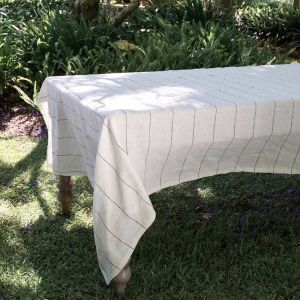 Carter Linen Tablecloth | Warm White with Slate Pinstripe