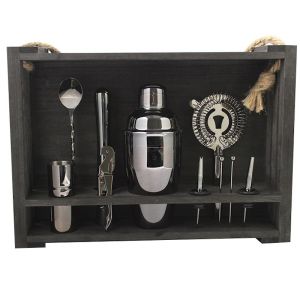 Cocktail Kit with Black Hanging Wooden Stand | Black Chrome