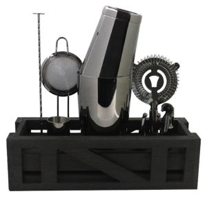 Cocktail Kit with Black Wooden Stand | Black Chrome